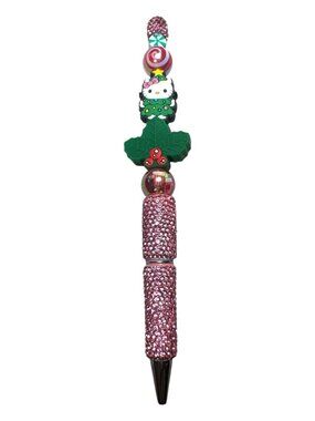 Handmade Hello Kitty Holiday Christmas Pen With Glitter Pink Handle & Festive Be